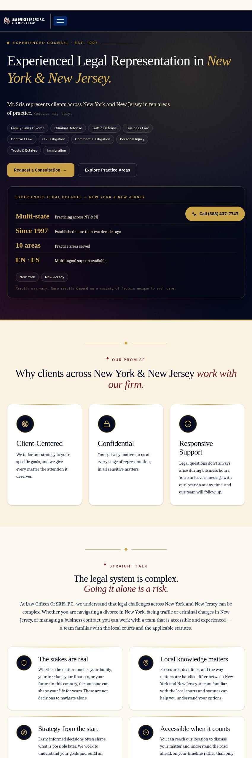 Screenshot of the Law Offices Of SRIS, P.C. website
