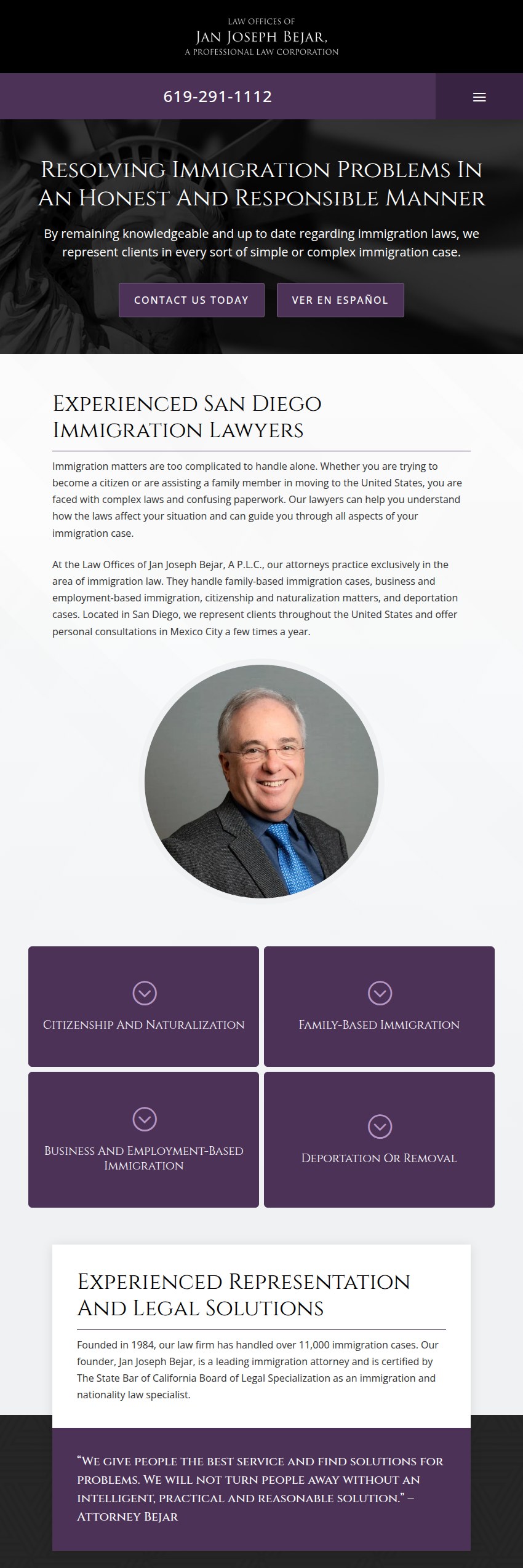 Screenshot of the Law Offices of Jan Joseph Bejar, A P.L.C. website
