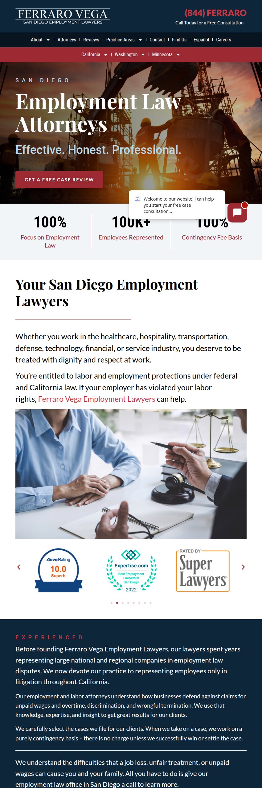 Screenshot of the Ferraro Vega Employment Lawyers, Inc. website