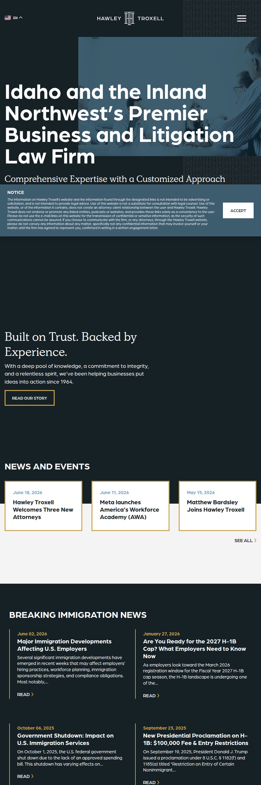 Screenshot of the Hawley Troxell website