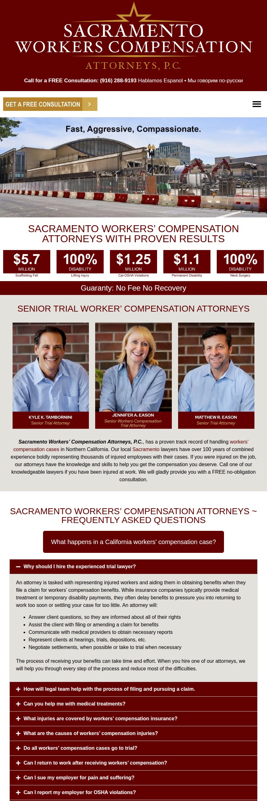 Screenshot of the Sacramento Workers’ Compensation Attorneys, P.C. website