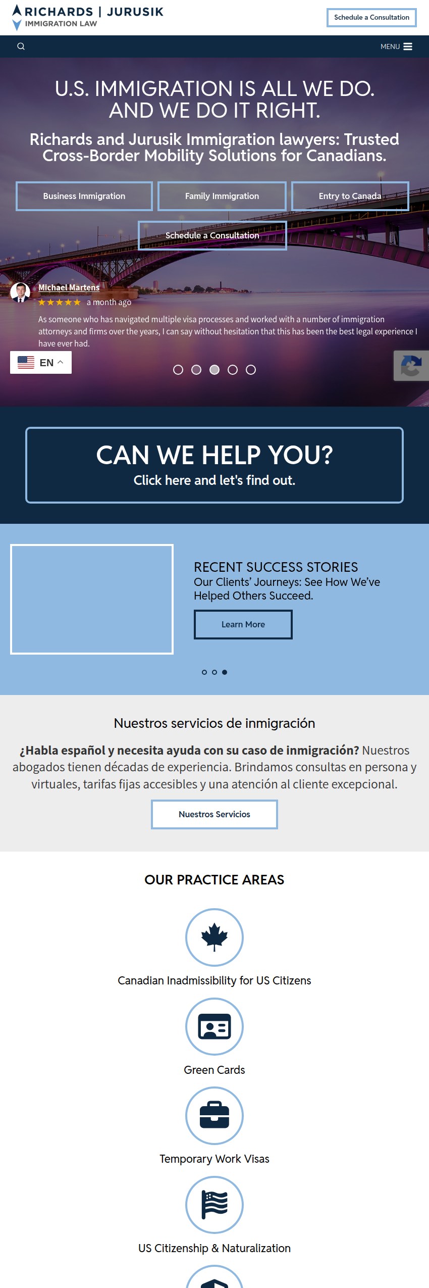 Screenshot of the Richards and Jurusik Immigration Lawyers website