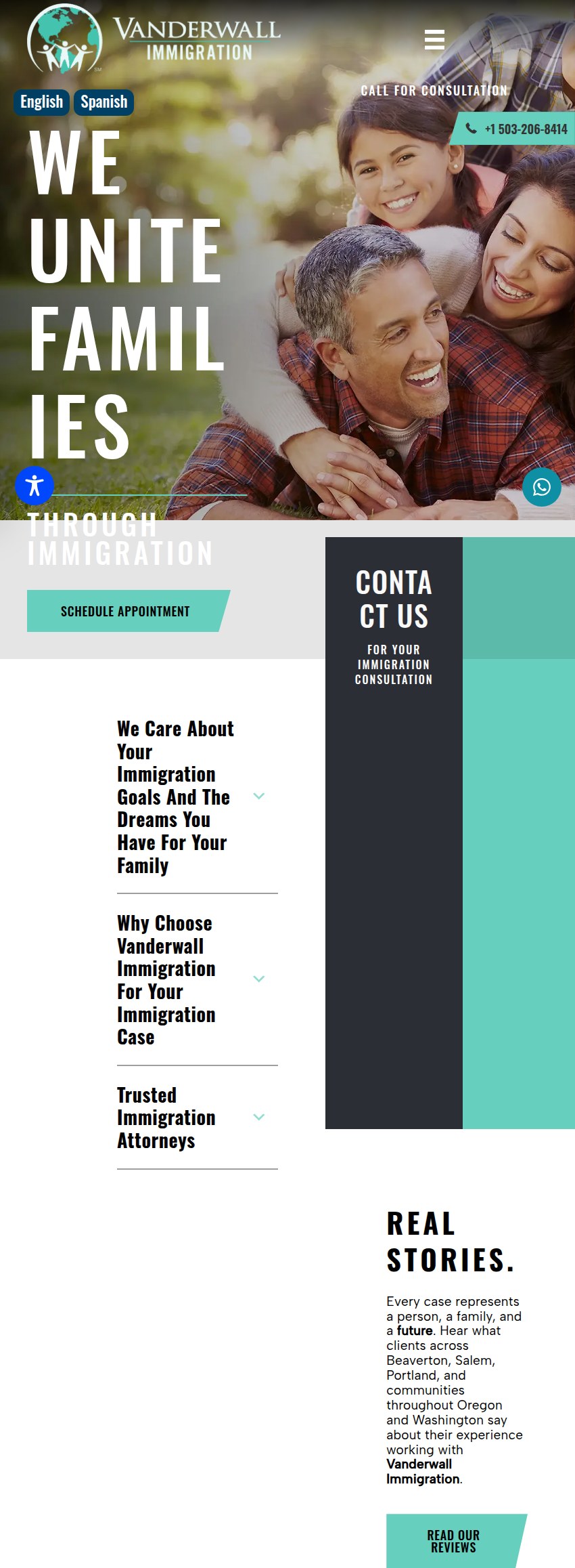 Screenshot of the Vanderwall Immigration website