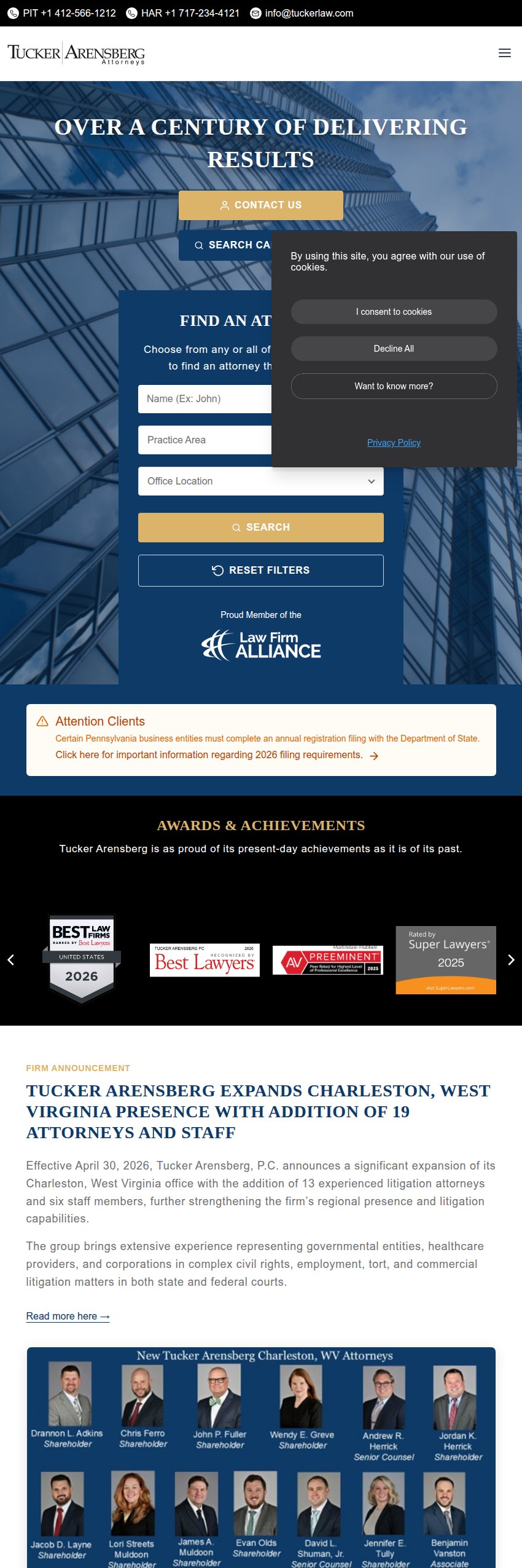 Screenshot of the Tucker Arensberg, P.C. website