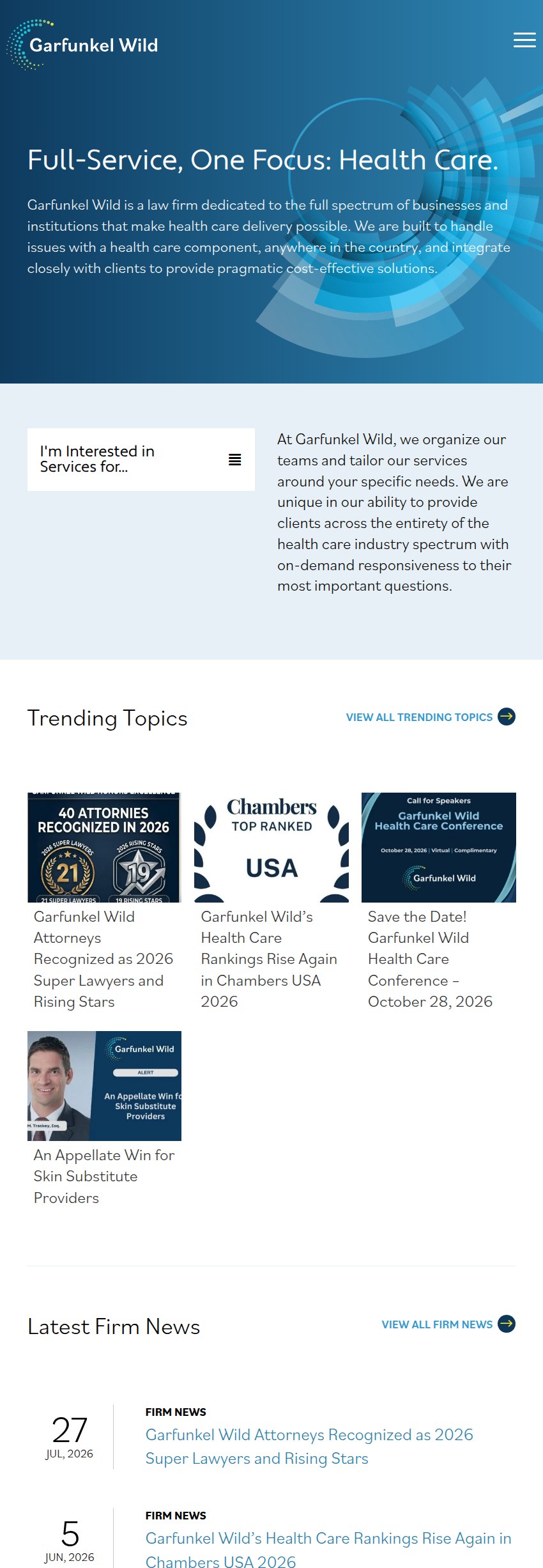 Screenshot of the Garfunkel Wild, P.C. website