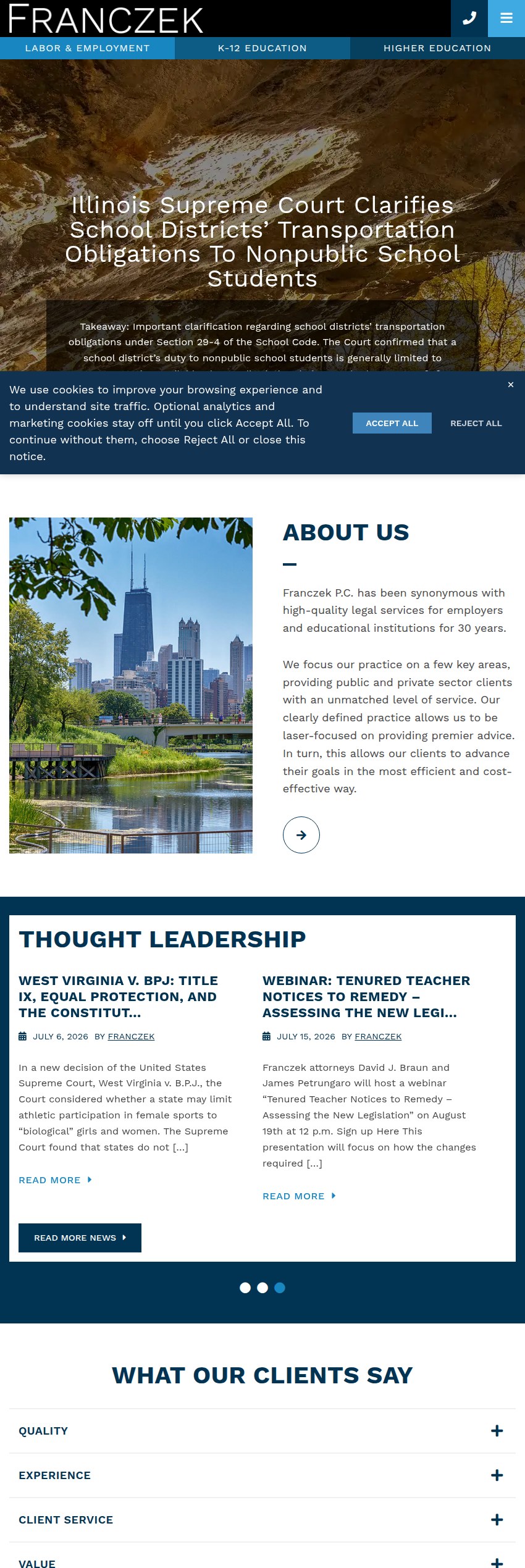 Screenshot of the Franczek P.C. website