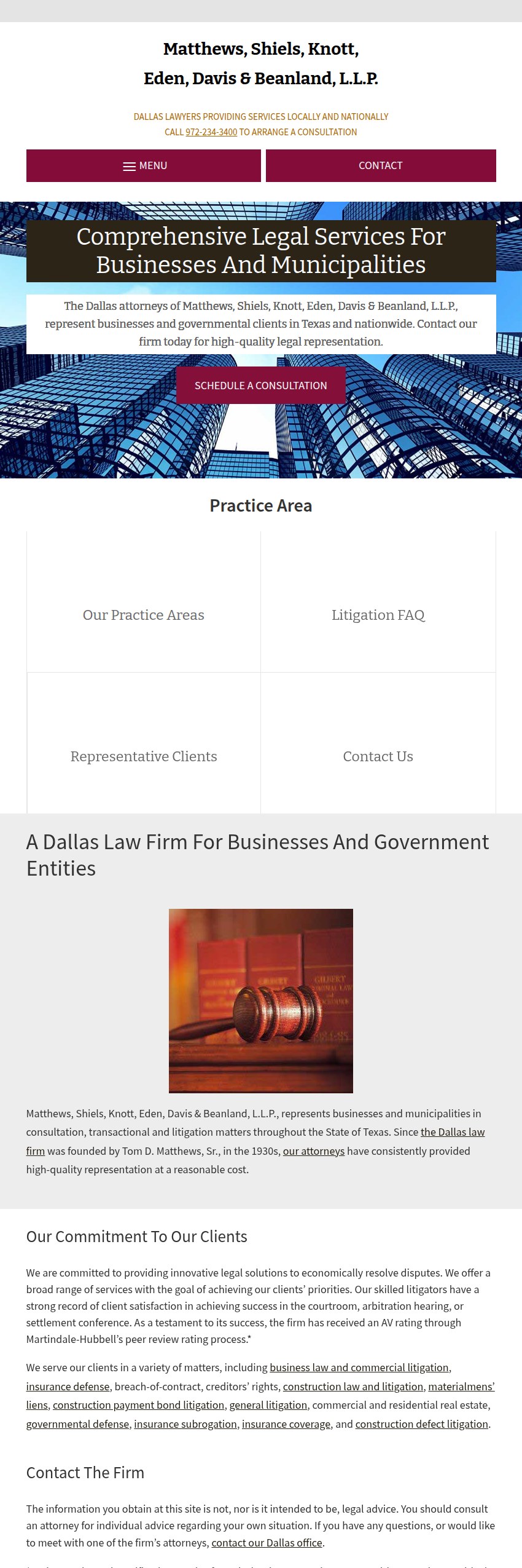 Screenshot of the Matthews, Shiels, Knott, Eden, Davis & Beanland, L.L.P. website