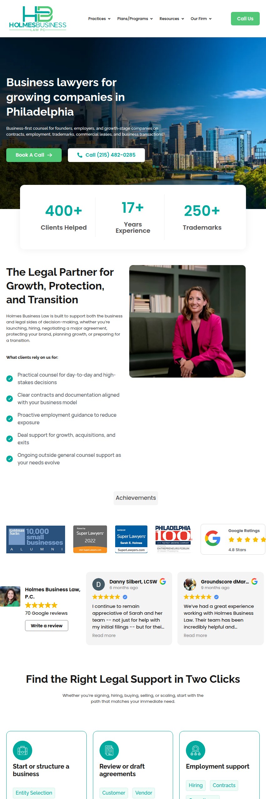 Screenshot of the Holmes Business Law P.C. website