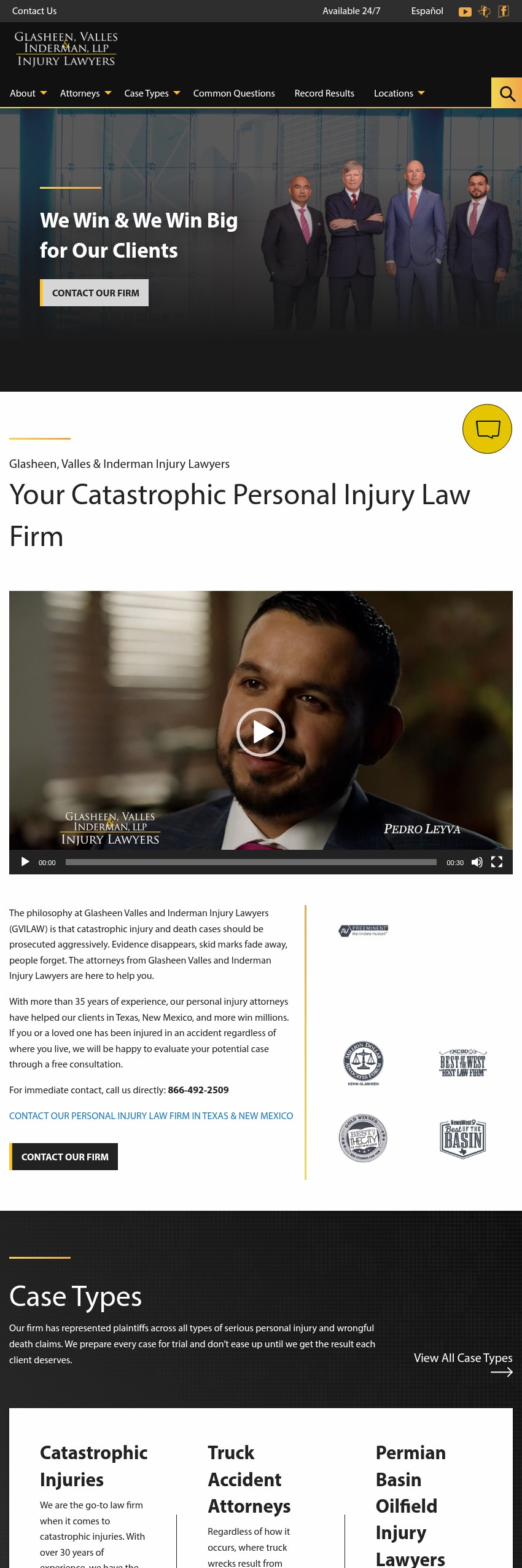 Screenshot of the Glasheen, Valles & Inderman Injury Lawyers website