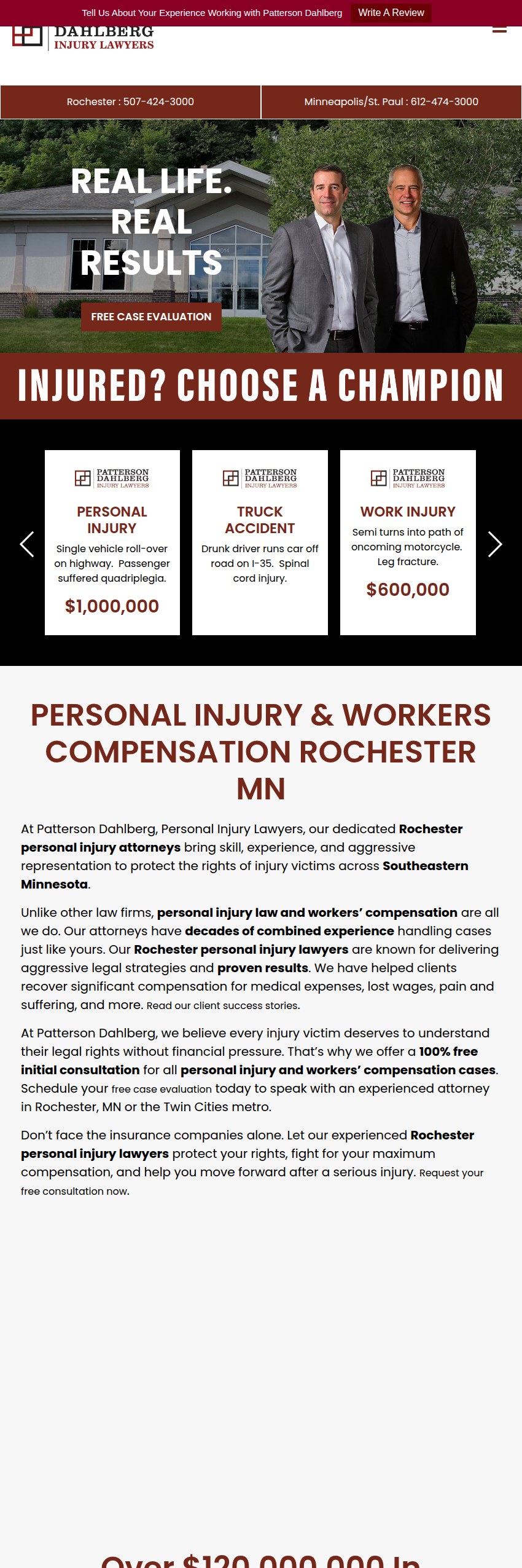 Screenshot of the Patterson Dahlberg Injury Lawyers website
