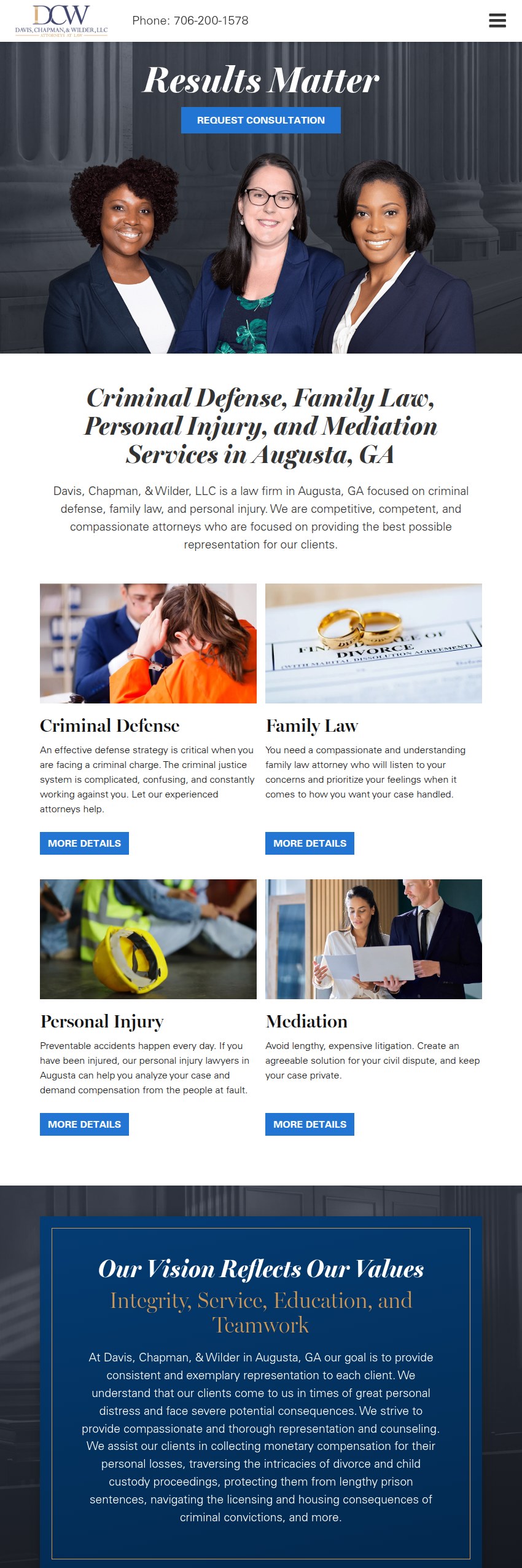 Screenshot of the Davis, Chapman, & Wilder, LLC website