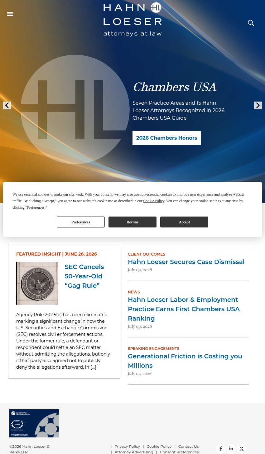 Screenshot of the Hahn Loeser & Parks LLP website