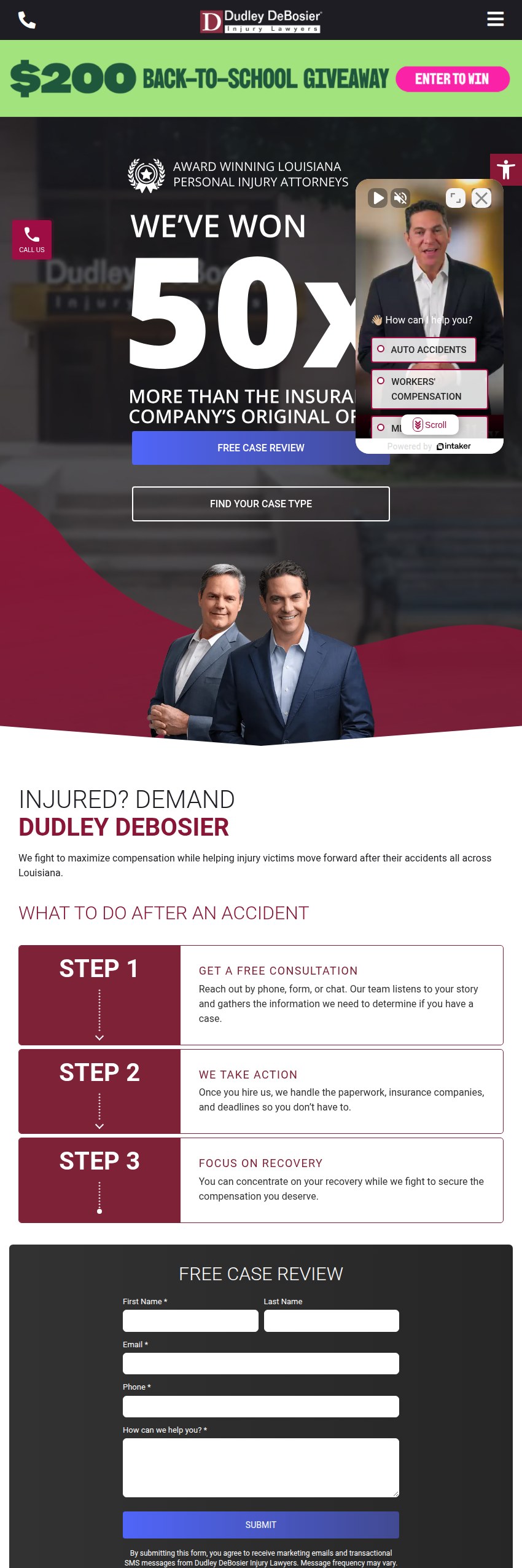 Screenshot of the Dudley DeBosier Injury Lawyers website