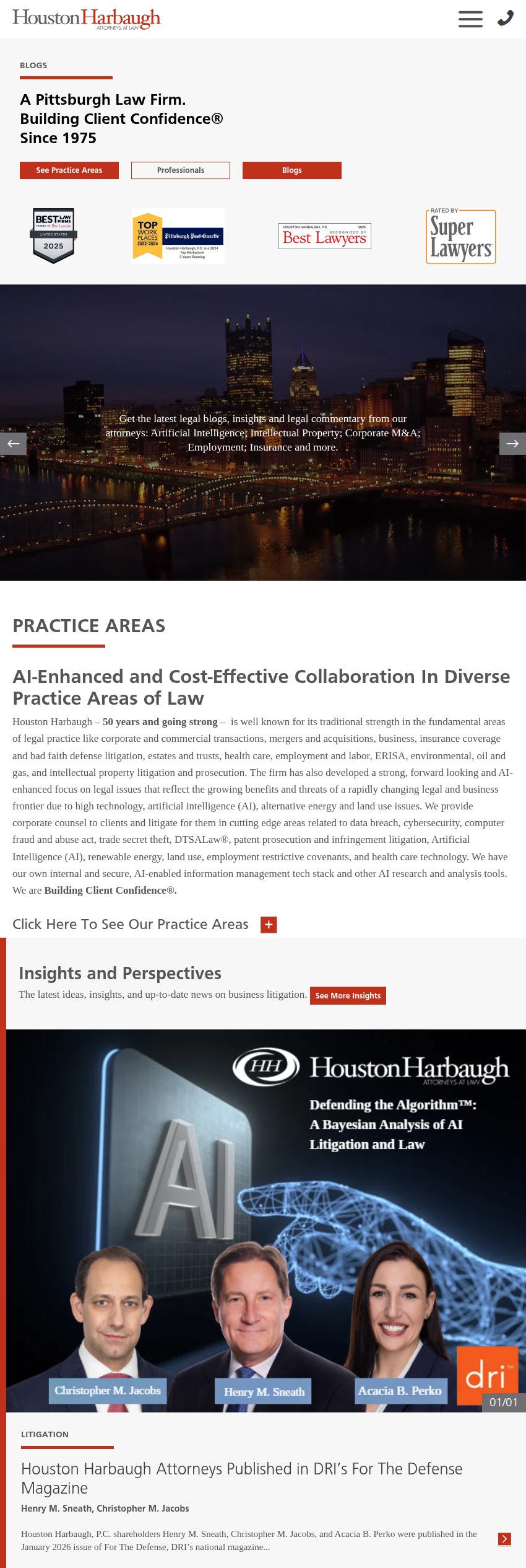 Screenshot of the Houston Harbaugh, P.C. website