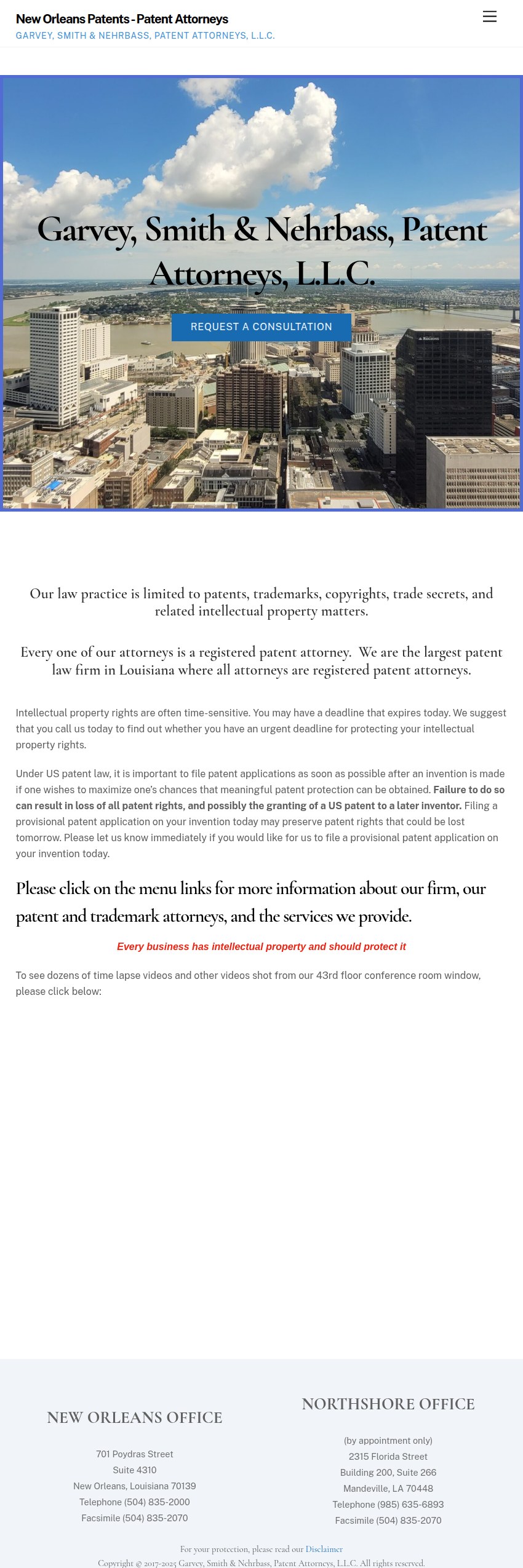 Screenshot of the Garvey, Smith & Nehrbass, Patent Attorneys, L.L.C. website