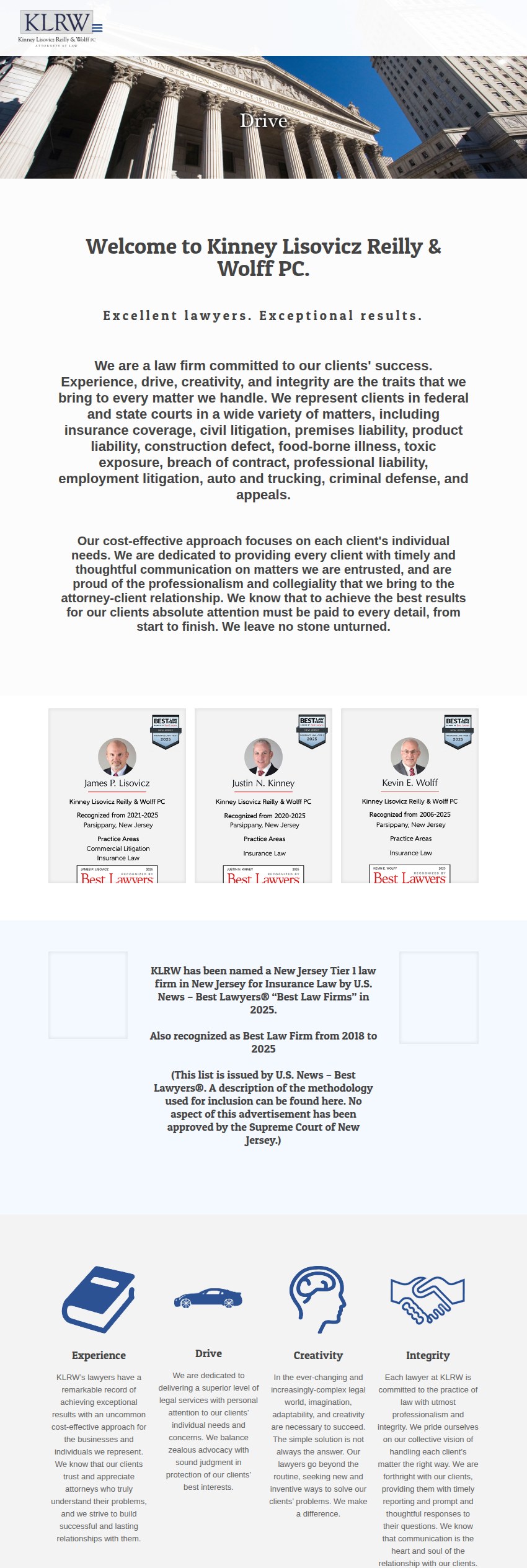 Screenshot of the Kinney Lisovicz Reilly & Wolff PC website