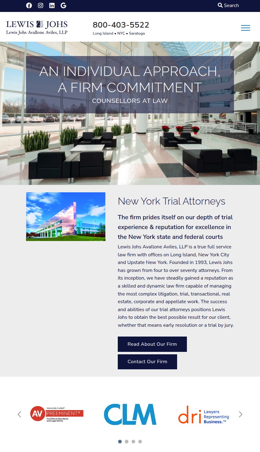 Screenshot of the Lewis Johs Avallone Aviles, LLP website