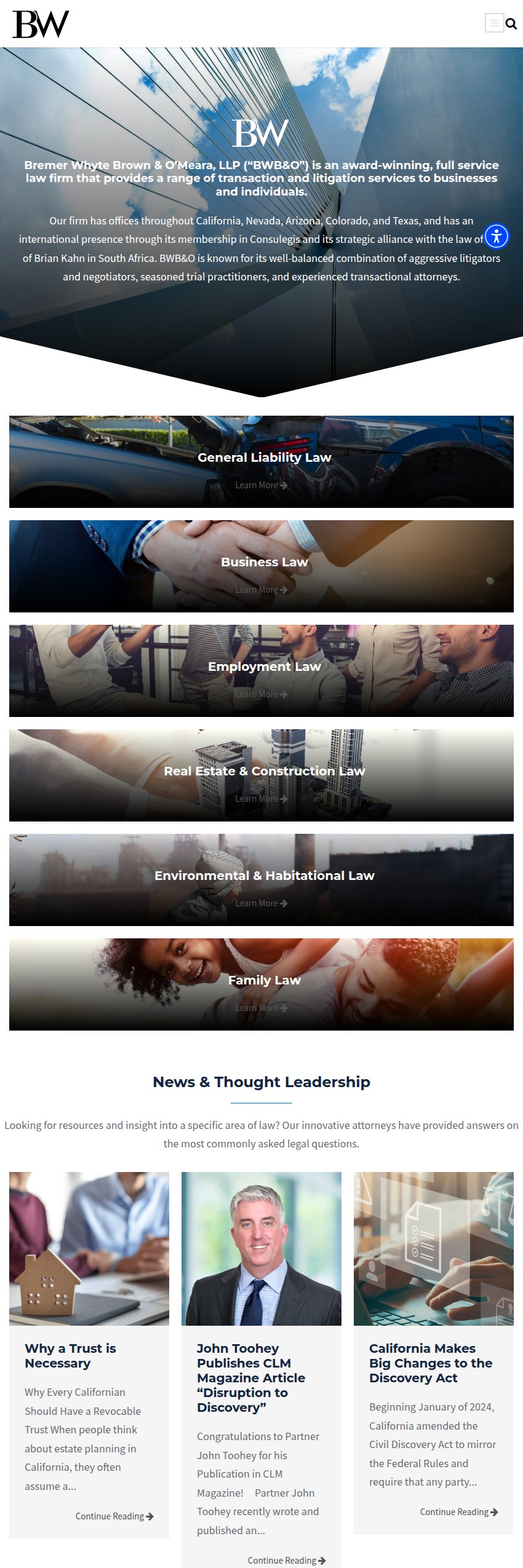 Screenshot of the Bremer Whyte Brown & O'Meara, LLP website