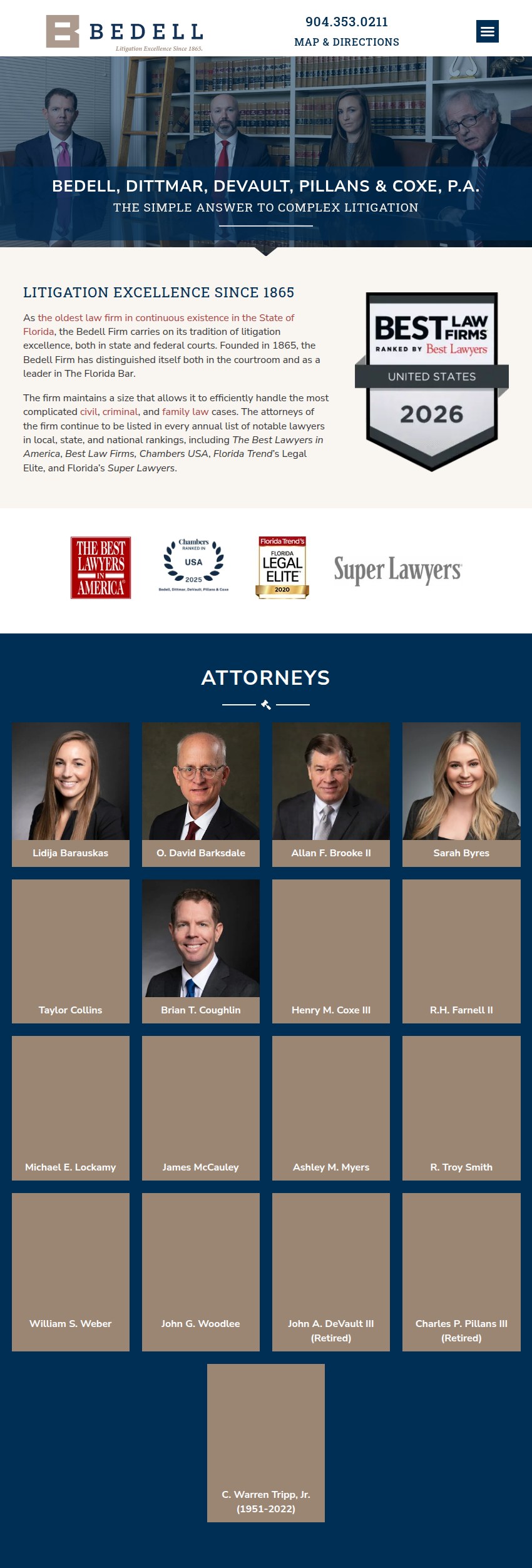 Screenshot of the Bedell, Dittmar, DeVault, Pillans & Coxe, P.A. website