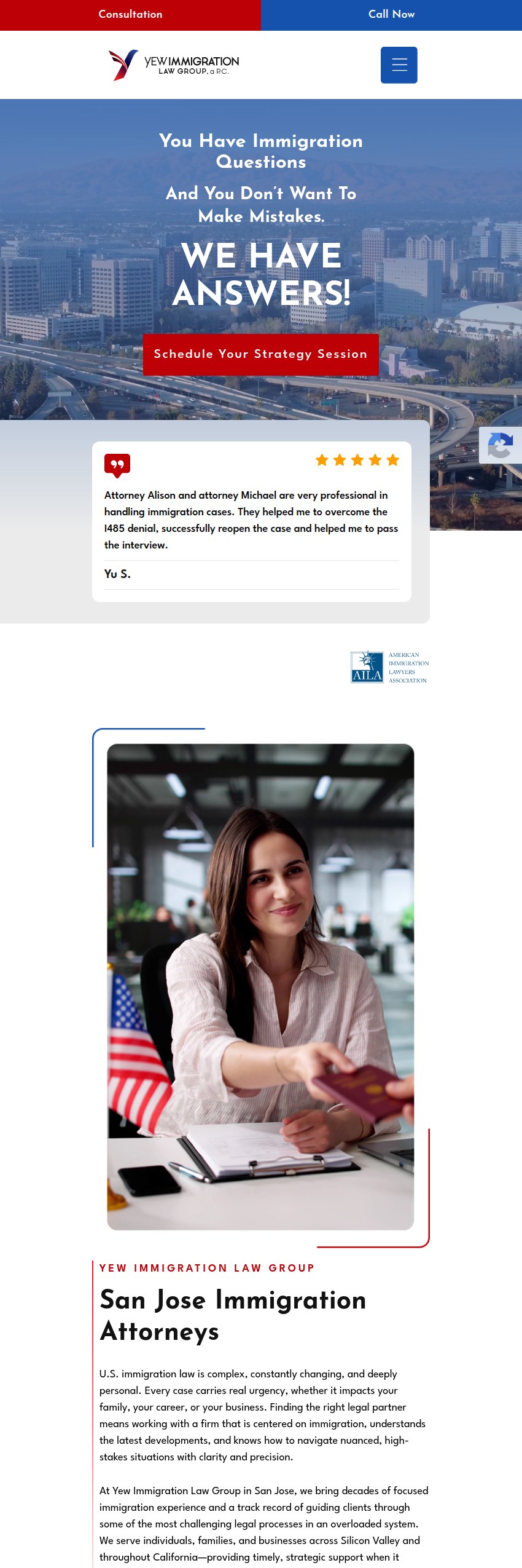 Screenshot of the Yew Immigration Law Group, A P.C. website
