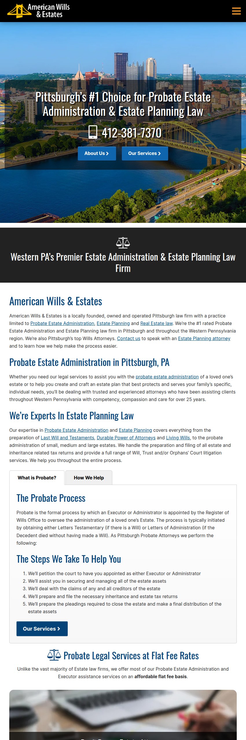 Screenshot of the American Wills & Estates website