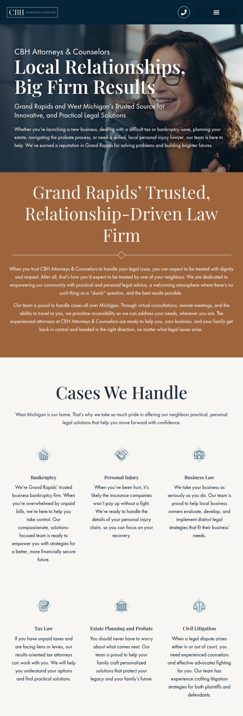 Screenshot of the CBH Attorneys & Counselors website