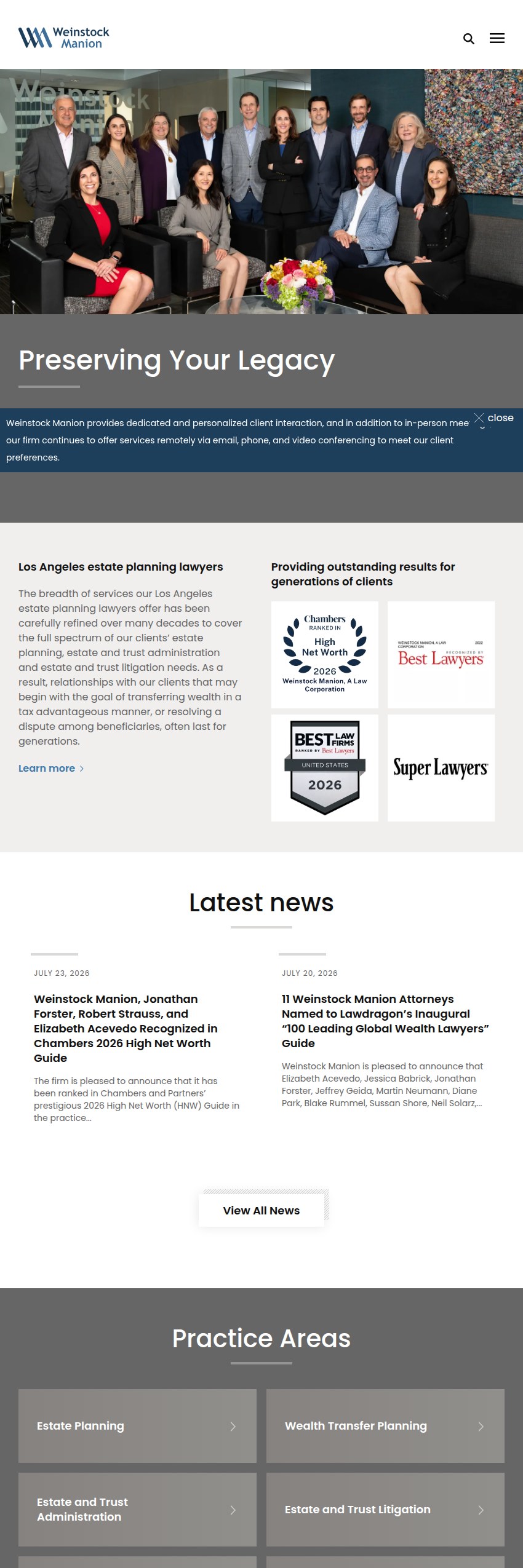 Screenshot of the Weinstock Manion, A Law Corporation website