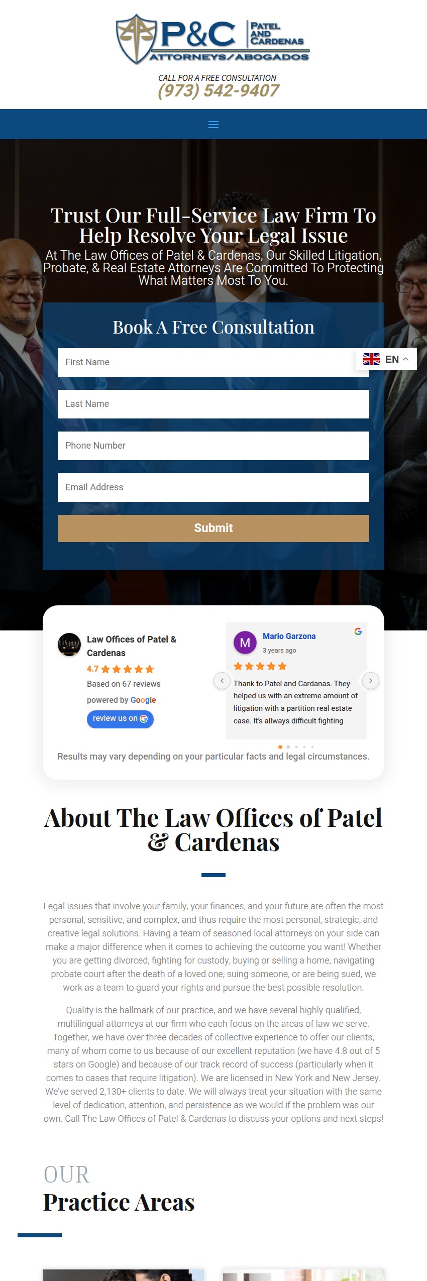 Screenshot of the The Law Offices of Patel & Cardenas LLC website