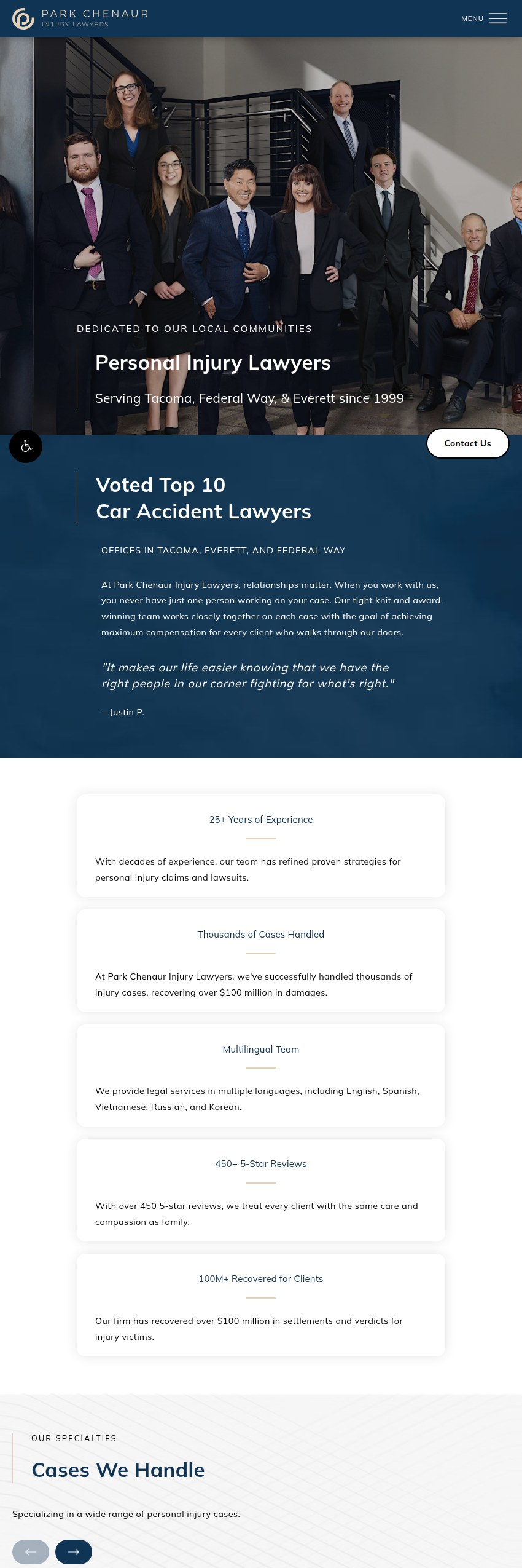 Screenshot of the Park Chenaur Injury Lawyers website