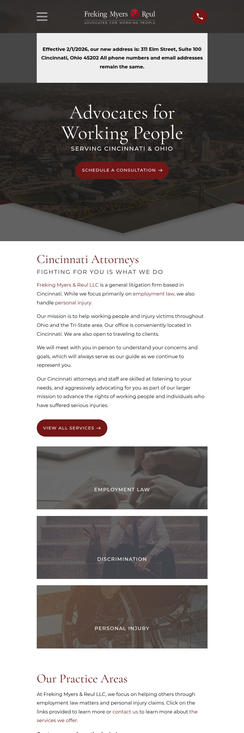Screenshot of the Freking Myers & Reul LLC website