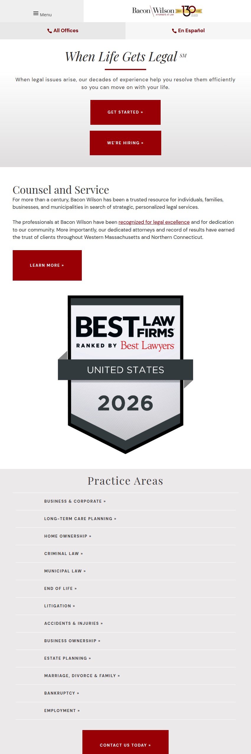 Screenshot of the Bacon Wilson, P.C. website
