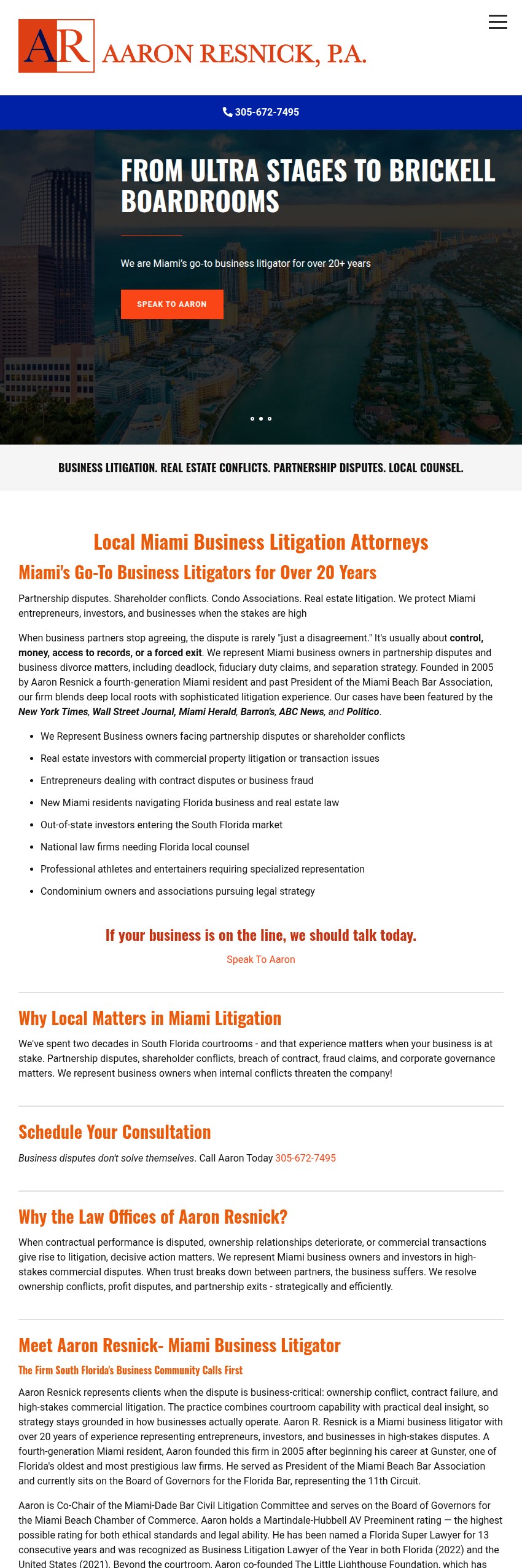 Screenshot of the Law Offices of Aaron Resnick, P.A. website