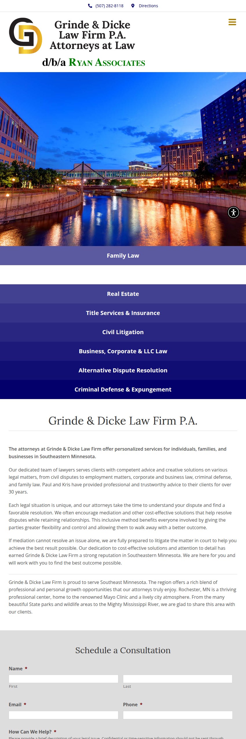 Screenshot of the Grinde & Dicke Law Firm P.A. website