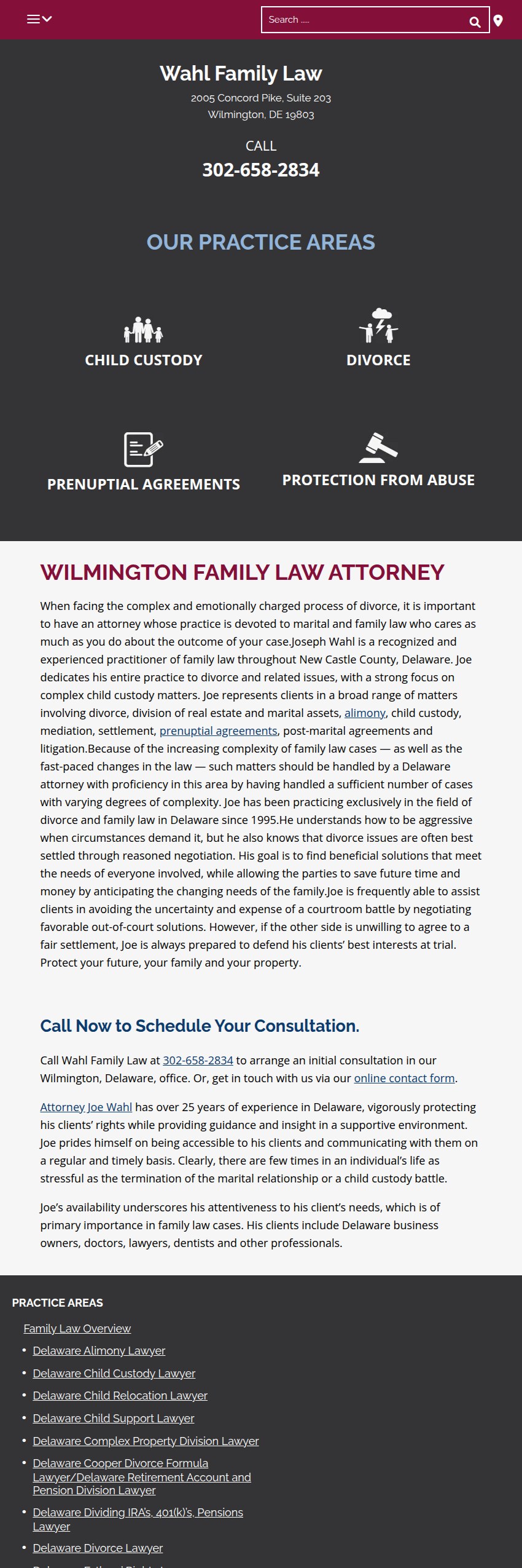Screenshot of the Wahl Family Law website