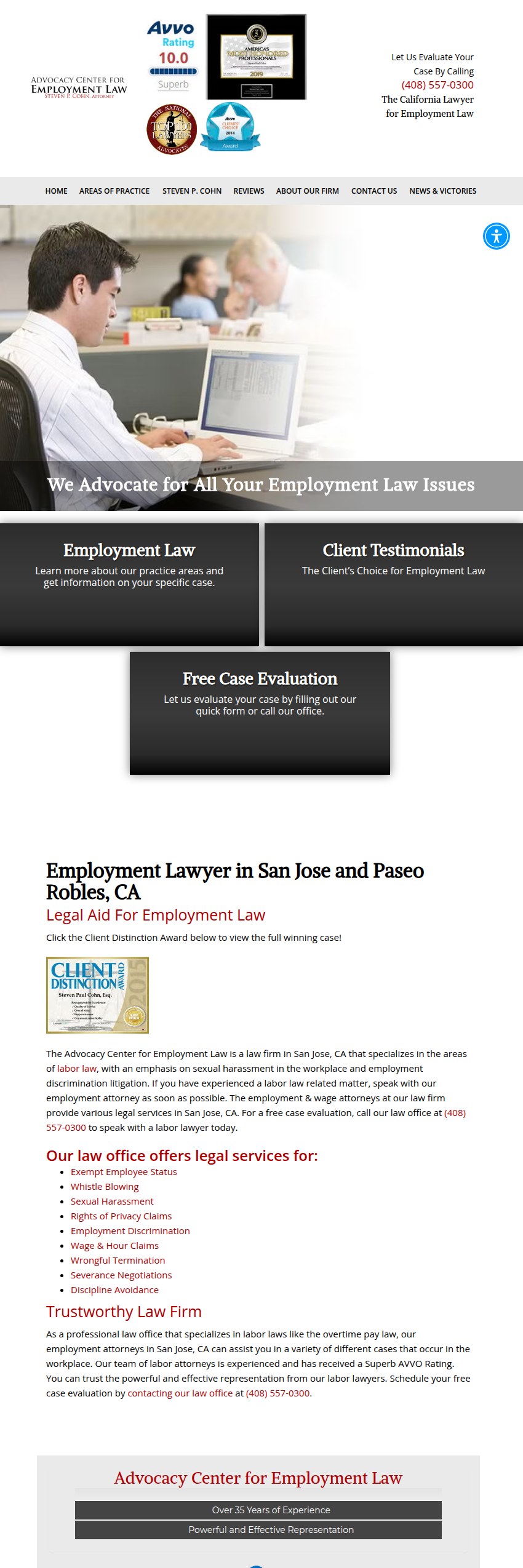 Screenshot of the Advocacy Center for Employment Law website