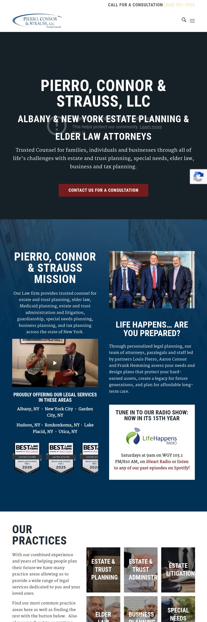 Screenshot of the Pierro, Connor & Strauss, LLC website