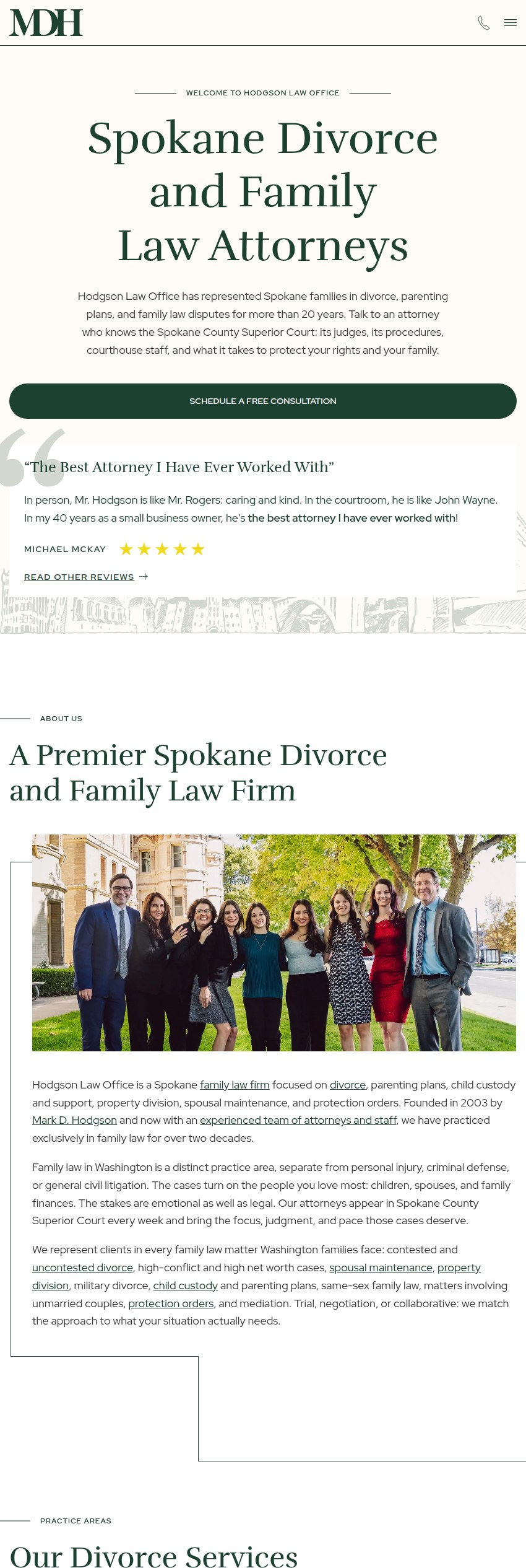 Screenshot of the MDH Law PS website
