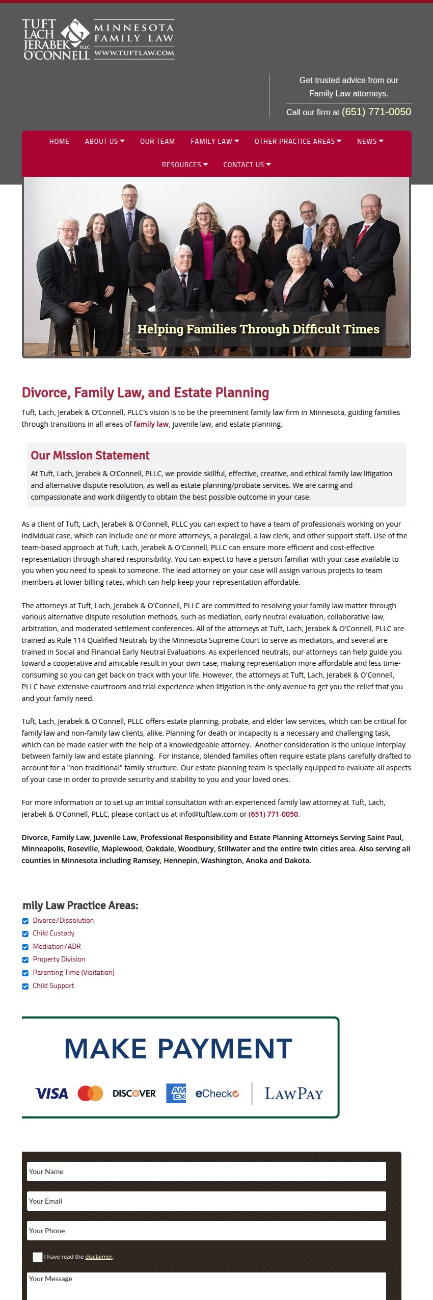 Screenshot of the Tuft, Lach, Jerabek & O'Connell, PLLC website