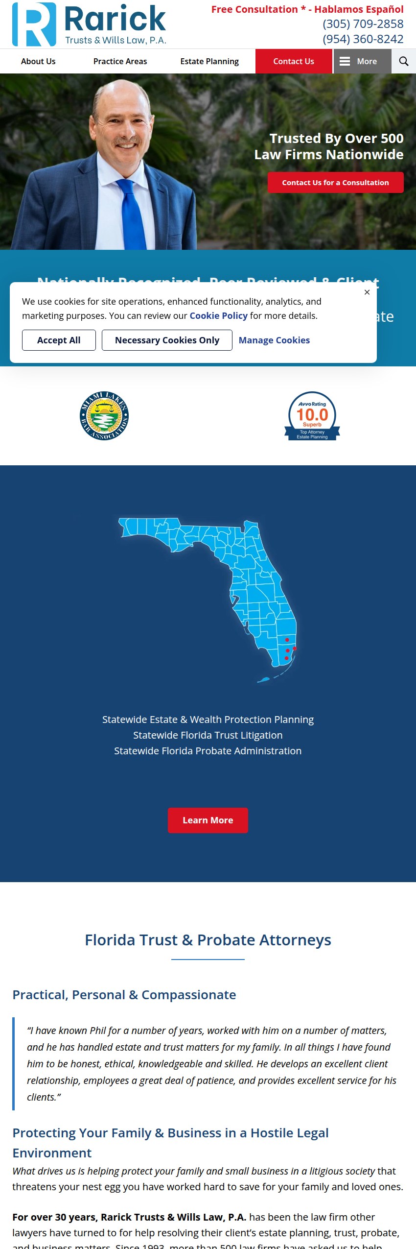 Screenshot of the Rarick Trusts & Wills Law, P.A. website