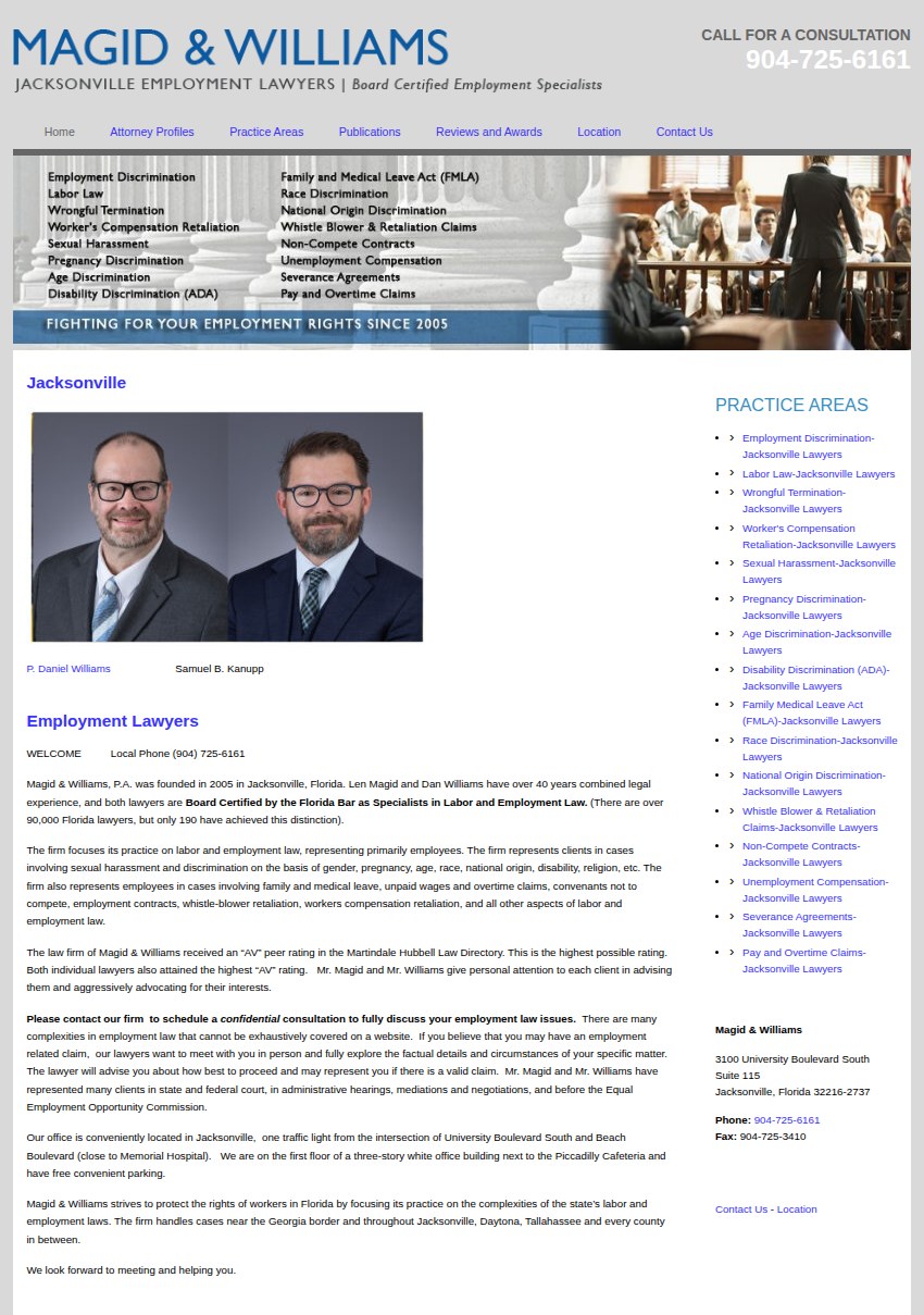 Screenshot of the Magid & Williams, P.A. website
