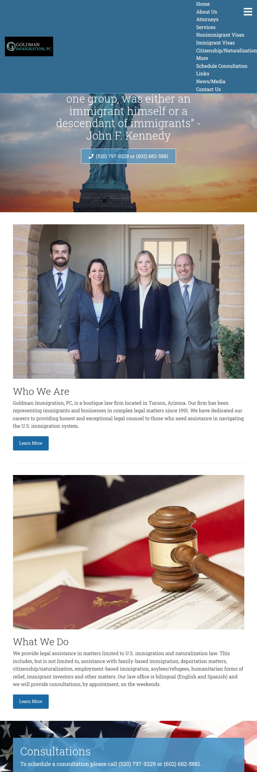 Screenshot of the Goldman Immigration, PC website