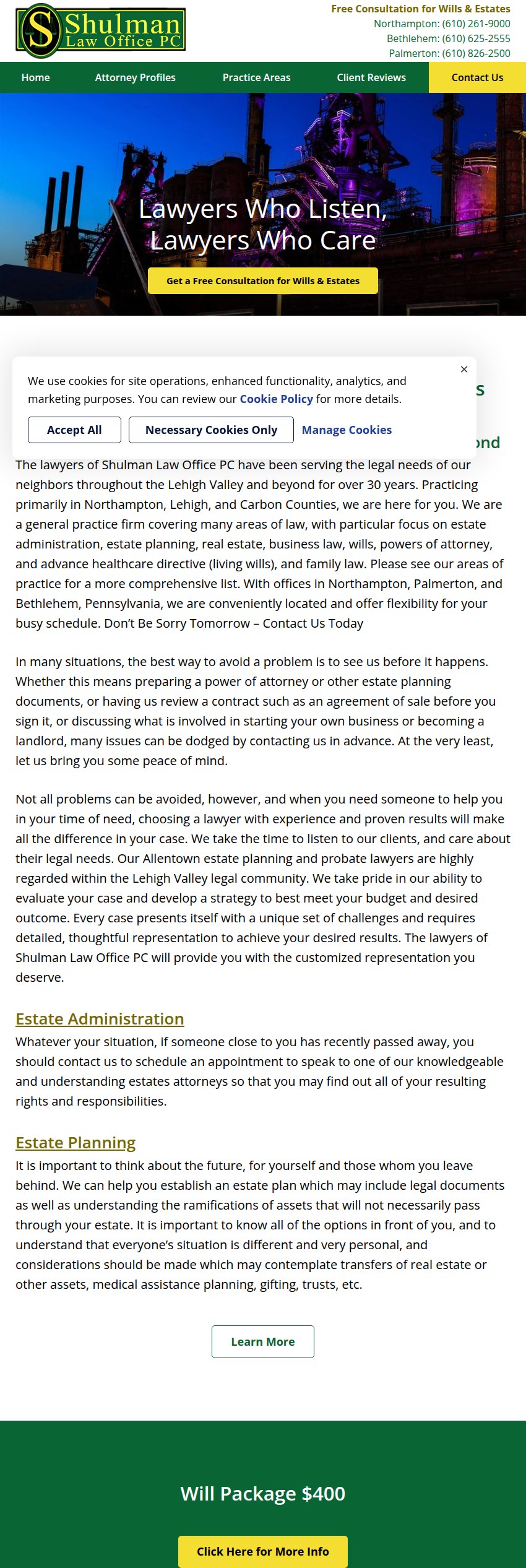 Screenshot of the Shulman Law Office PC website