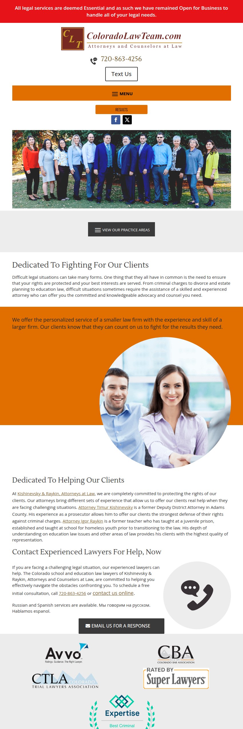 Screenshot of the Kishinevsky & Raykin, Attorneys at Law website