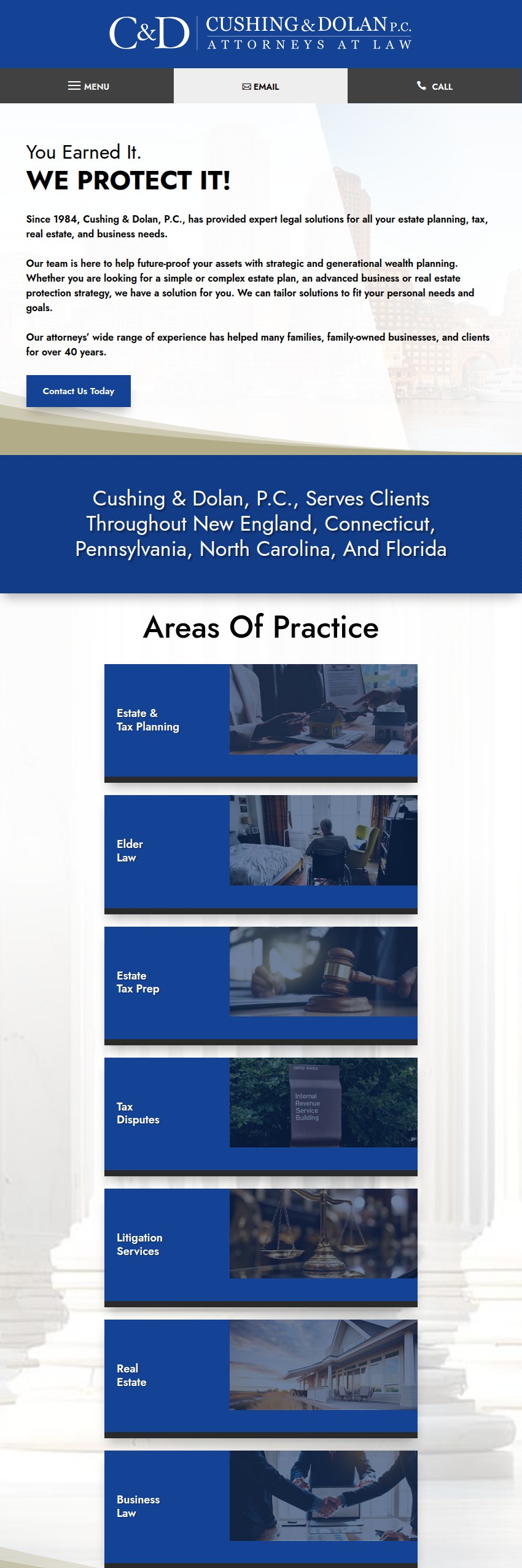 Screenshot of the Cushing & Dolan, P.C. website