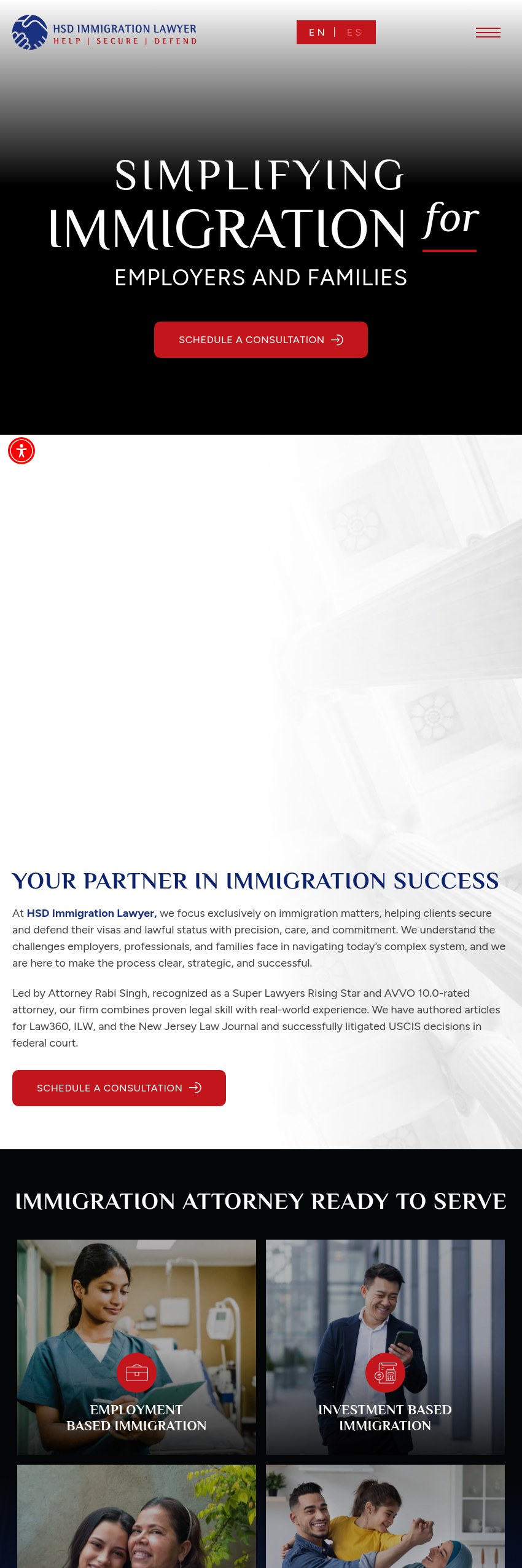 Screenshot of the HSD - Help Secure Defend - Immigration Lawyer, LLC website