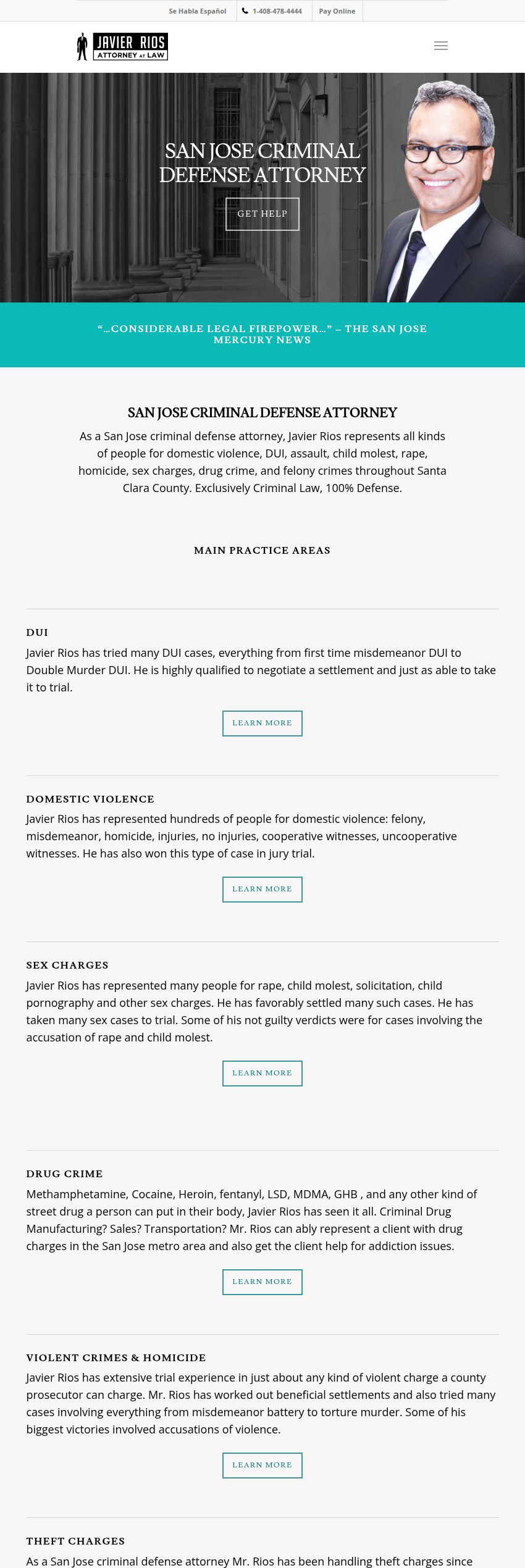 Screenshot of the Javier Rios - San Jose Attorney at Law website
