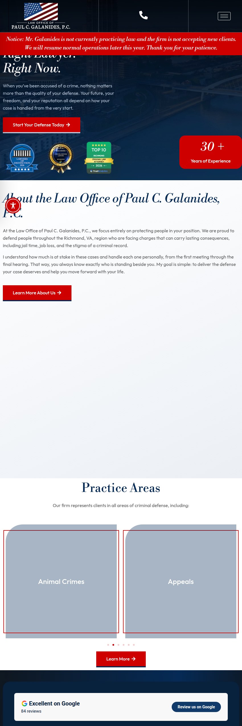 Screenshot of the Law Office of Paul C. Galanides, P.C. website