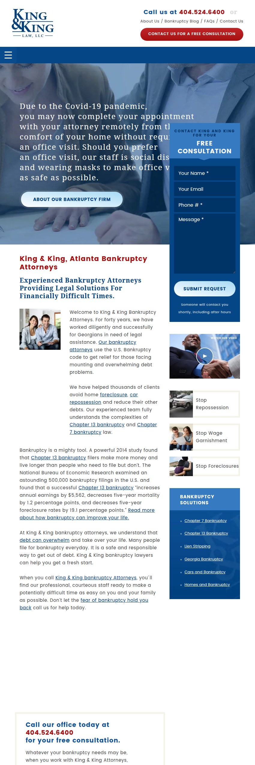 Screenshot of the King & King Bankruptcy Attorneys website