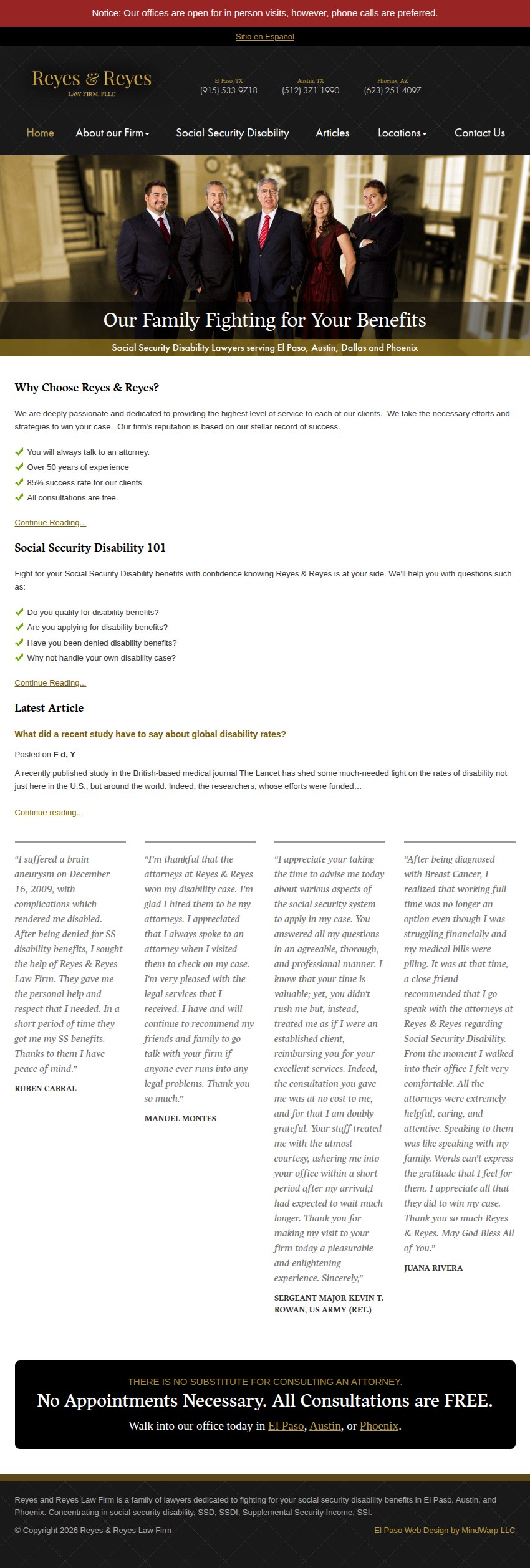 Screenshot of the Reyes & Reyes Law Firm website