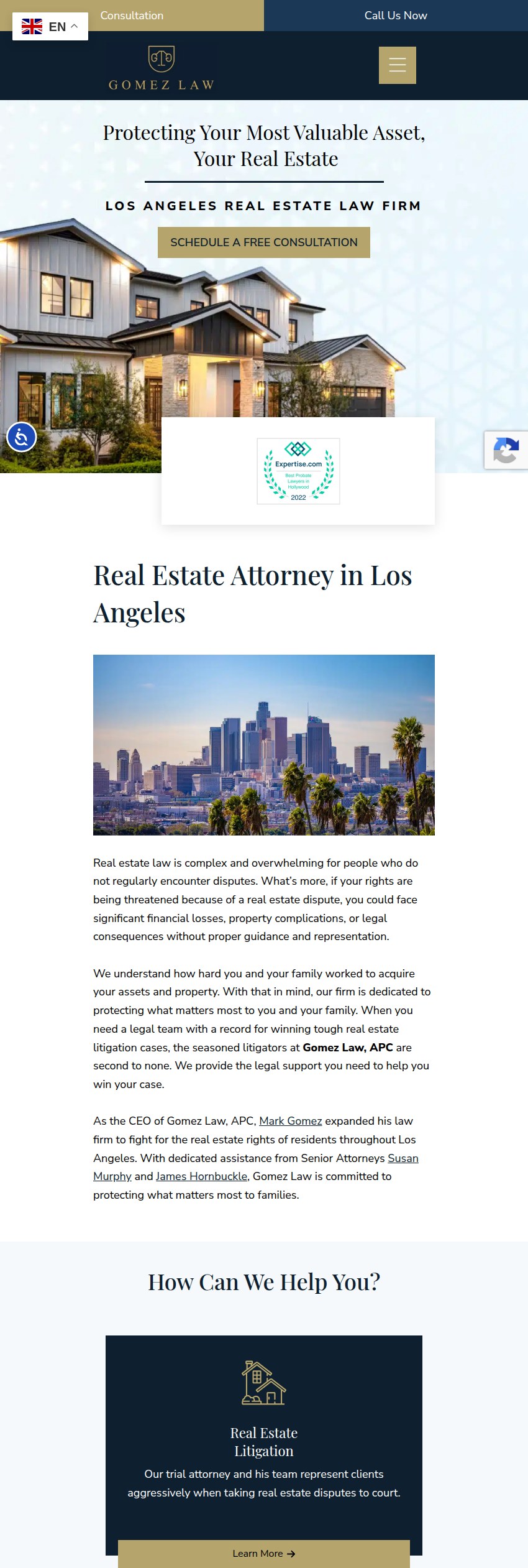 Screenshot of the Gomez Law, APC website